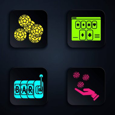 Kumarhane fişleri, kumarhane fişleri, kumar makinesi ve online poker masası oyunu ayarla. Siyah kare düğme. Vektör