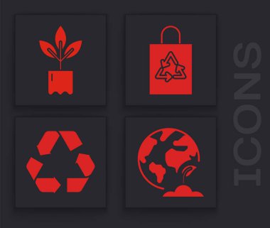 Dünya küresi ve bitki, şişeye bitki, geri dönüşümlü plastik torba ve geri dönüşüm sembolü. Vektör