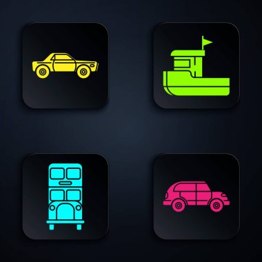 Hatchback arabası, Sedan arabası, çift katlı otobüs ve balıkçı teknesi ayarlayın. Siyah kare düğme. Vektör