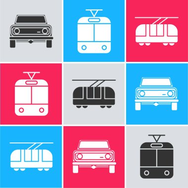 Off road car, tramvay ve tren yolu ve tramvay ve tren yolu ikonu. Vektör