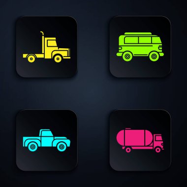 Tanker kamyonu, kargo kamyonu, kamyonet ve Retro minivan ayarlayın. Siyah kare düğme. Vektör