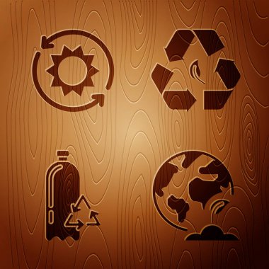 Dünya küresi ve bitkisini, güneş enerjisi panelini plastik şişe ve geri dönüşüm sembolünü ve yaprağı ahşap zemine yerleştir. Vektör