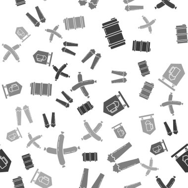 Metal bira fıçısı, bir bardak bira, bir bardak biralı sokak tabelası ve pürüzsüz desenli çapraz sosis. Vektör