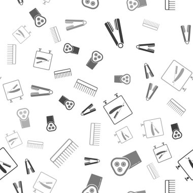 Saç maşası, elektrikli saç makası ya da tıraş makinesi için saç maşası, jilet ve saç fırçasını kusursuz desenli olarak ayarla. Vektör