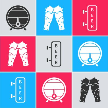 Tahta fıçıyı durduruculu rafa koy, bir bardak bira ve yazılı bira ikonlu sokak tabelası. Vektör