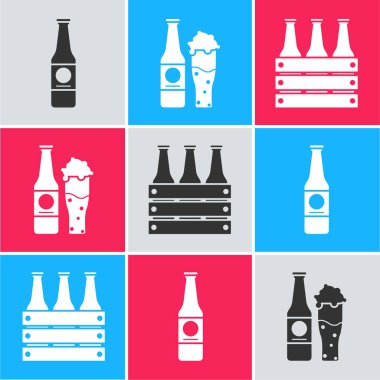 Bira şişesi, bira şişesi, bardak ve bir paket bira şişesi ikonu. Vektör