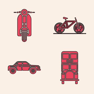 Çift katlı otobüs, Scooter, bisiklet ve Sedan araba simgesini ayarlayın. Vektör