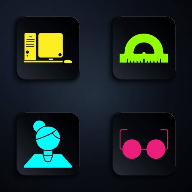 Gözlükleri ayarla, klavye ve fareli bilgisayar monitörü, dereceleri ölçmek için öğretmen ve iletken ızgarası. Siyah kare düğme. Vektör