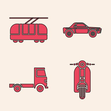 Scooter 'ı, Tram' ı ve demiryolunu, Sedan arabasını ve teslimat kamyonu ikonunu ayarlayın. Vektör