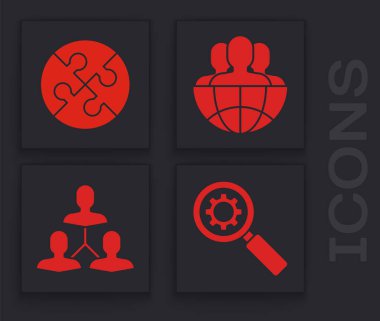 Büyüteç ve teçhizat ayarla, yapboz parçası, Globe ve insanlar ve Proje ekibi ikonu. Vektör