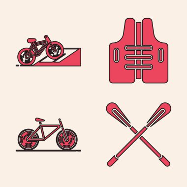 Çapraz raket, bisiklet, sokak rampası, can yeleği ve bisiklet ikonu. Vektör