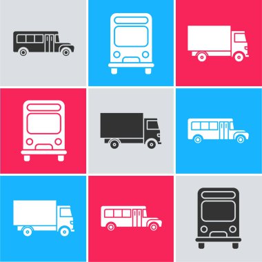 Okul otobüsü, otobüs ve kargo kamyonu ikonu ayarla. Vektör