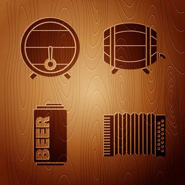 楽器のアコーディオン ストップコック付きラックの木樽 木製の背景にストップコック付きラックのビール缶と木樽を設定します ベクトル — ストックベクタ