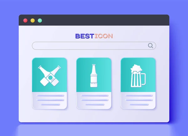 Set Beer Bottle Crossed Beer Bottle Wooden Beer Mug Icon — 스톡 벡터