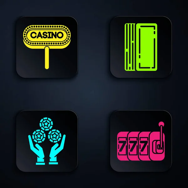 Set Spelautomat Med Tur Sjuor Jackpot Casino Skylt Hand Innehav — Stock vektor