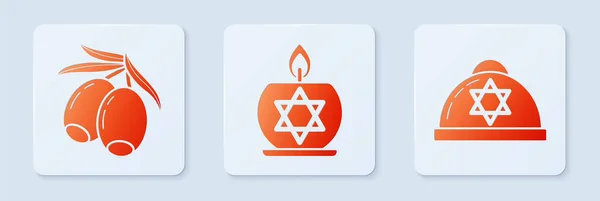 Set Burning Candle Candlestick Star David Olives Branch Jewish Kippah — Stock Vector
