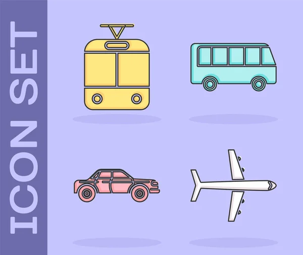 Setzen Flugzeug Straßenbahn Und Eisenbahn Limousine Auto Und Bus Symbol — Stockvektor