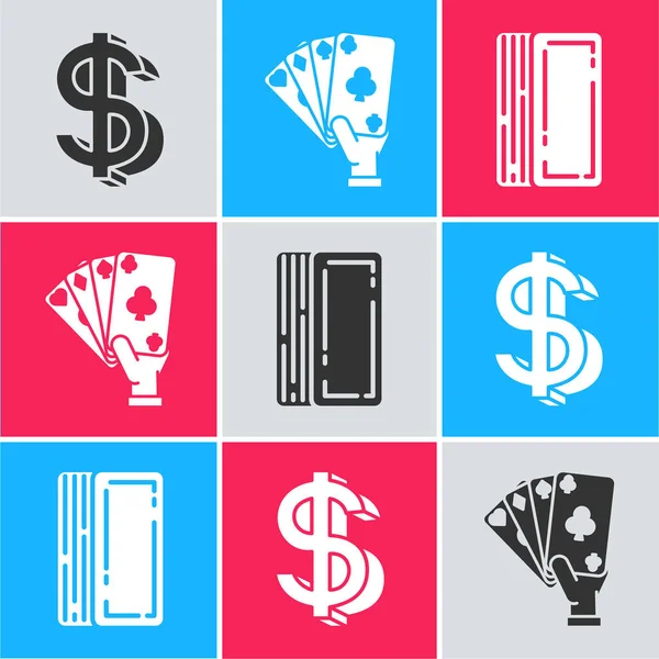 Establecer Símbolo Dólar Mano Sosteniendo Cartas Deck Playing Cards Icono — Archivo Imágenes Vectoriales