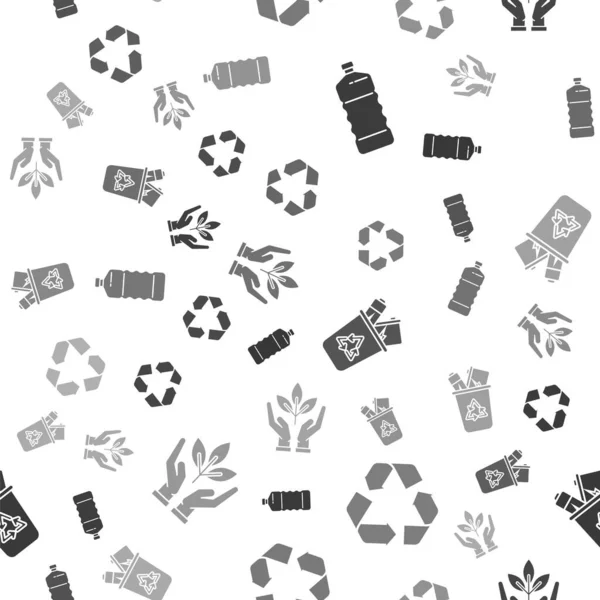 Set Plastic bottle, Recycle symbol, Recycle bin with recycle symbol and Plant in hand of environmental protection on seamless pattern. Vector