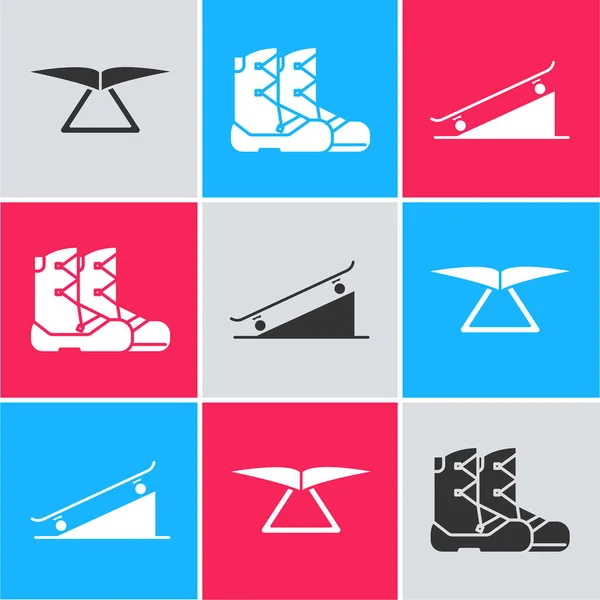 Set Hang glider, Boots and Skateboard on street ramp icon. Vector