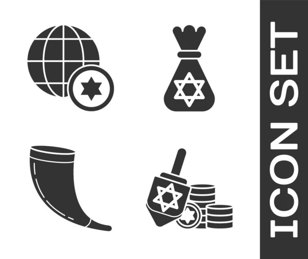 Набор Hanukkah Dreidel Монеты Всемирный Глобус Израиль Традиционный Баран Рог — стоковый вектор