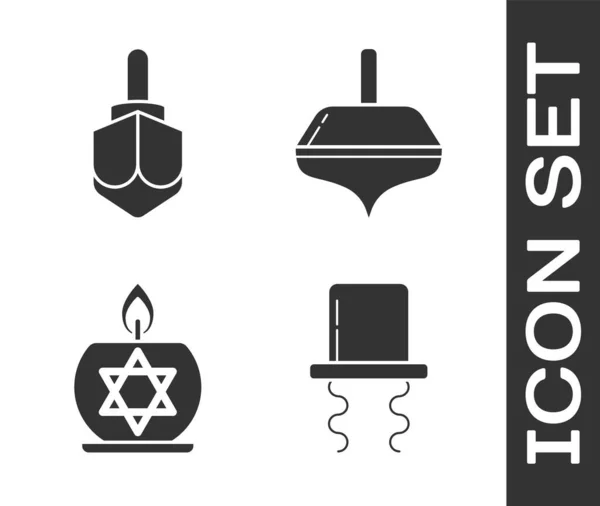 Поставьте Ортодоксальную Еврейскую Шляпу Подсвечниками Хануку Дрейдл Горящую Свечу Подсвечнике — стоковый вектор