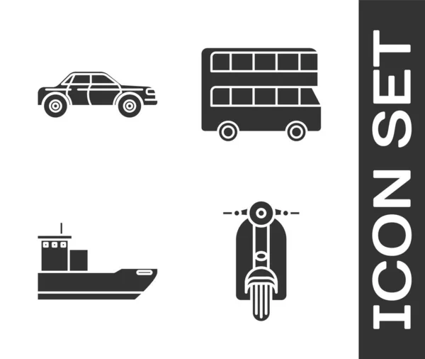 Set Scooter Sedan Auto Vrachtschip Dubbeldekker Bus Pictogram Vector — Stockvector