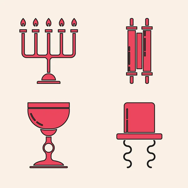 Set Sombrero Judío Ortodoxo Con Banquillos Laterales Hanukkah Menorah Pergamino — Vector de stock