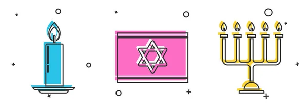 Brennende Kerze Kerzenständer Flagge Israels Und Chanukka Menora Ikone Vektor — Stockvektor