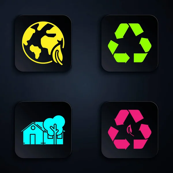 Set Recycle symbol and leaf, Earth globe and leaf, Eco friendly house and Recycle symbol. Black square button. Vector