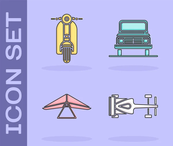 Conjunto Coches Carreras Fórmula Scooter Ala Delta Icono Del Coche — Vector de stock