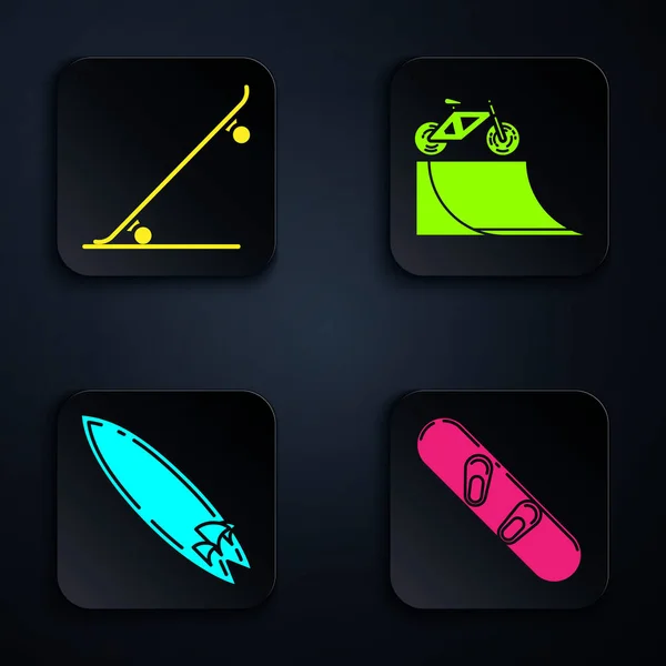 Set Snowboard, Skateboard, Surfboard and Bicycle on street ramp. Black square button. Vector