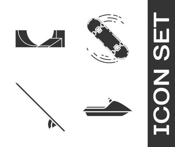Set Jetski Skatepark Surfbrett Und Skateboard Trick Symbol Vektor — Stockvektor