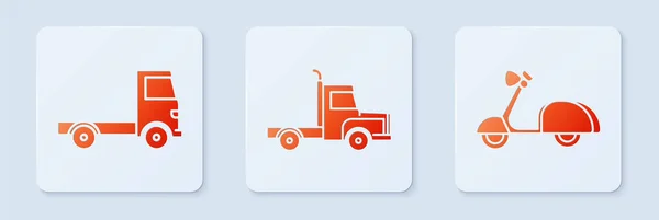 Set Lieferung Lastkraftwagen Lieferung Lastkraftwagen Und Roller Weiße Quadratische Taste — Stockvektor