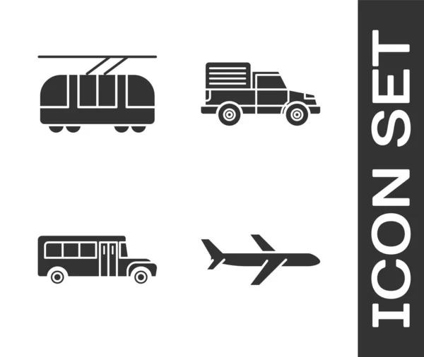 飛行機 トラム スクールバス 配送貨物トラックの車両アイコンを設定します ベクトル — ストックベクタ