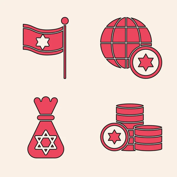 Σετ Εβραϊκό Νόμισμα Σημαία Του Ισραήλ Παγκόσμια Globe Και Ισραήλ — Διανυσματικό Αρχείο