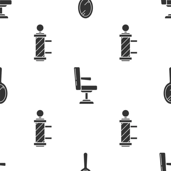 集手工镜片 理发店椅子和经典理发店杆子为一体 无缝图案 — 图库矢量图片