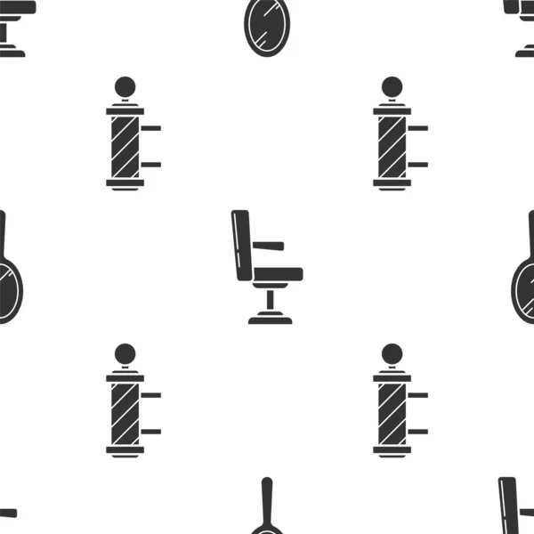 거울을 설치하고 이발소 의자를 설치하고 이발소의 전통적 기둥을 무미건조 패턴으로 — 스톡 벡터