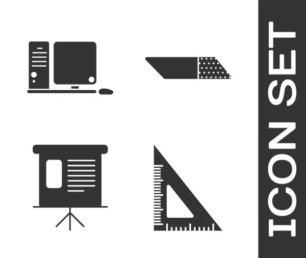 Set Dreieckslineal Computermonitor Mit Tastatur Und Maus Präsentation Finanztafel Mit — Stockvektor