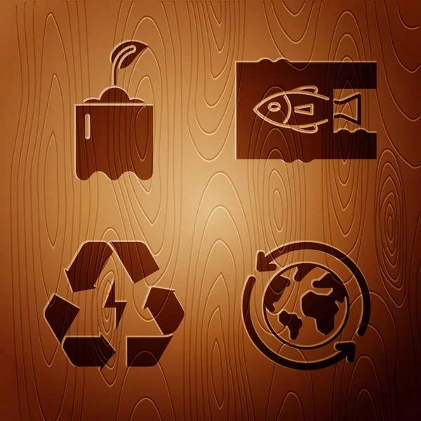 Set Planète Terre Recyclage Germe Bouteille Batterie Avec Symbole Recyclage — Image vectorielle