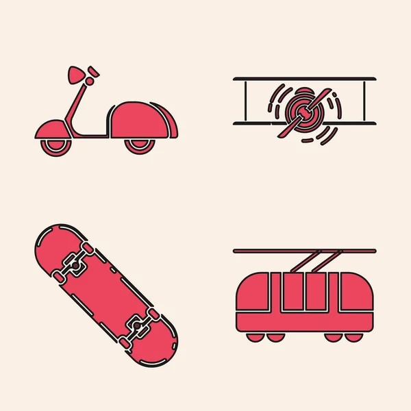 Set Tranvía Ferrocarril Scooter Old Retro Vintage Plane Skateboard Icono — Vector de stock