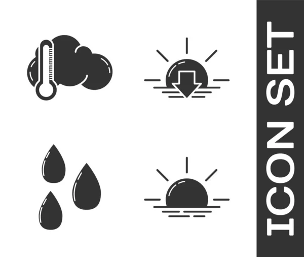 Set Sonnenaufgang Thermometer Und Wolke Wassertropfen Und Sonnenuntergang Symbol Vektor — Stockvektor