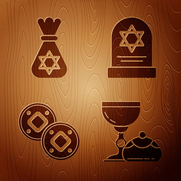 Set Jewish Goblet Hanukkah Sufganiyot Jewish Money Bag Star David — Stock Vector