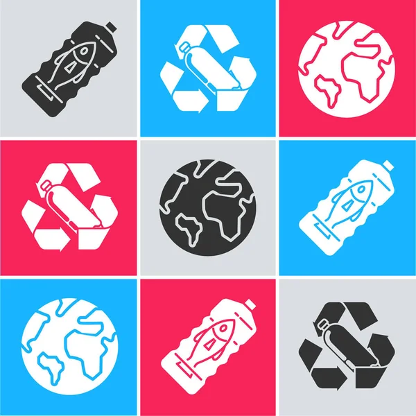 Set Stop Znečištění Oceánů Plasty Recyklace Plastové Láhve Země Globus — Stockový vektor
