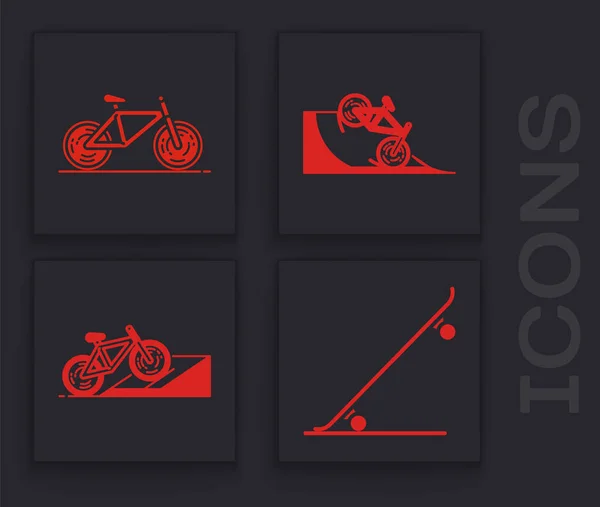 Set Skateboard, Bicycle, Bicycle on street ramp and Bicycle on street ramp icon. Vector