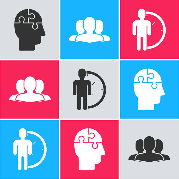 Set Human head puzzles strategy, Users group and Time Management icon. Vector