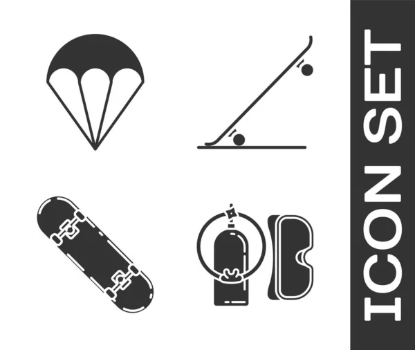 Set Tauchermaske Und Aqualung Fallschirm Skateboard Trick Und Skateboard Symbol — Stockvektor