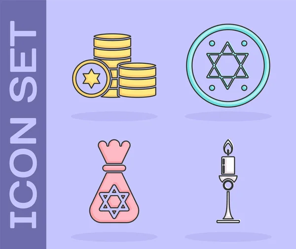Set Burning Candle Candlestick Jewish Coin Jewish Money Bag Star — Stock Vector