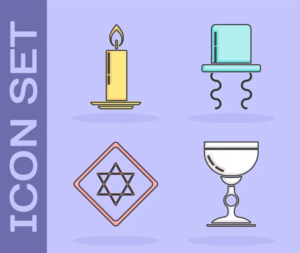 Set Jewish Goblet Burning Candle Candlestick Star David Orthodox Jewish — Stock Vector