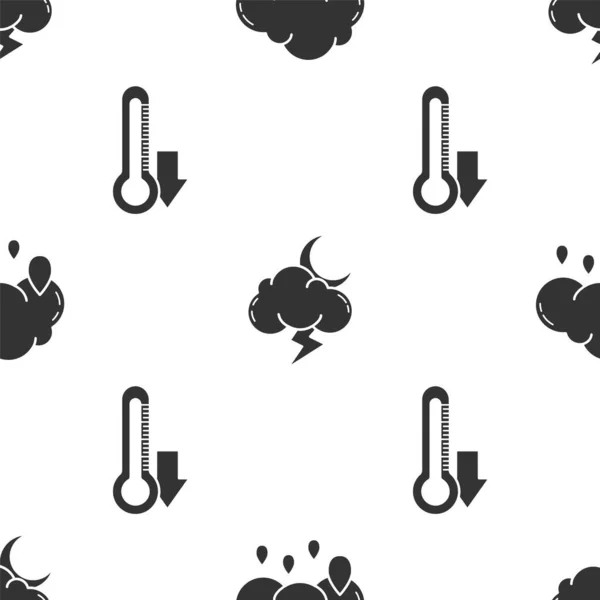 Set Cloud with rain, Storm and Thermometer on seamless pattern. Vector